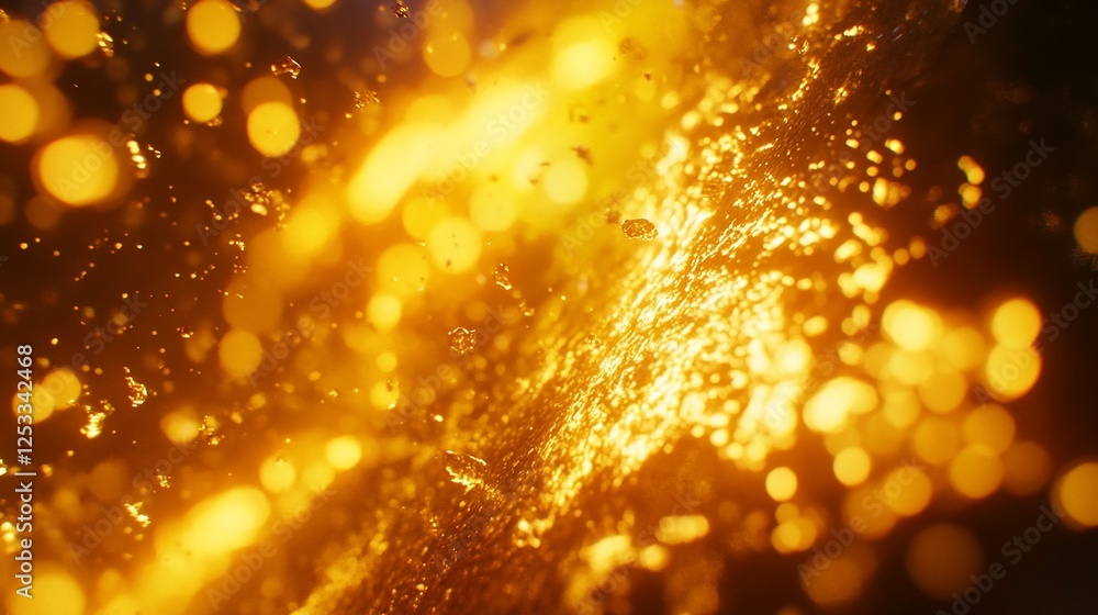 Poster abstract golden glittering particles and bokeh lights in a fluid dynamic scene