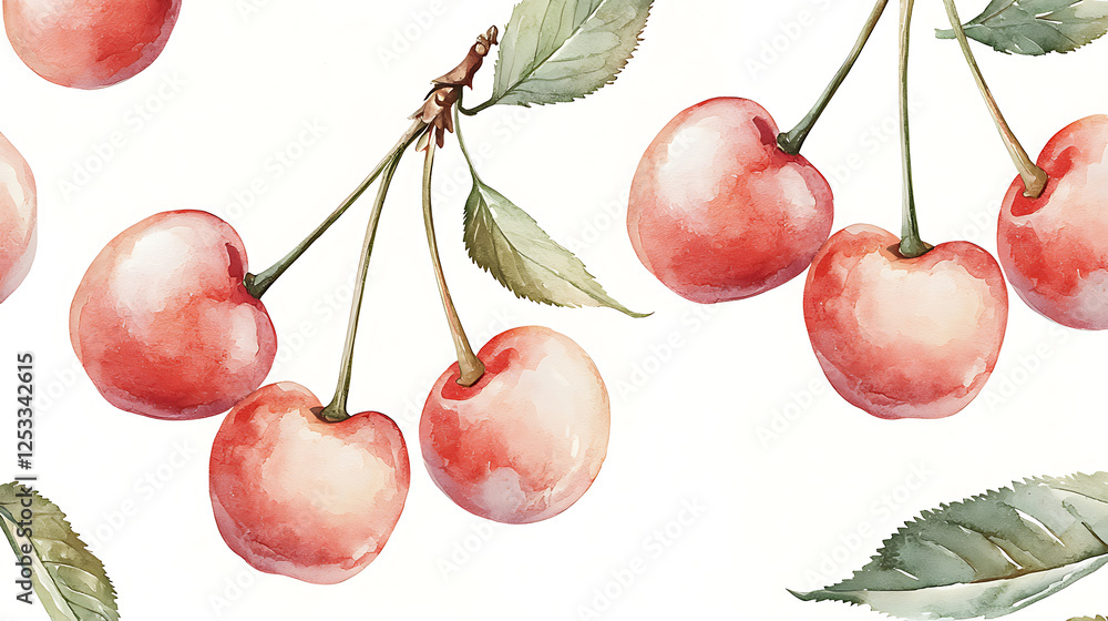Poster delicate double cherry pattern with soft natural colors and leaves, creating serene and fresh atmosp