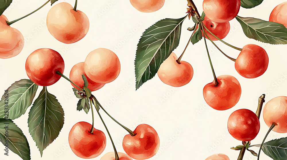 Poster delicate double cherry pattern with soft natural colors and lush leaves, creating fresh and vibrant 