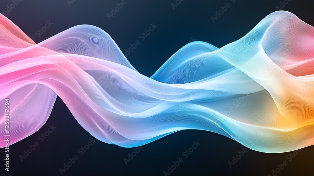 Poster colorful abstract wave design with smooth gradients and fluid motion on a dark background.