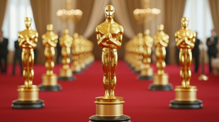 Golden statuettes on red carpet in an elegant awards ceremony setting