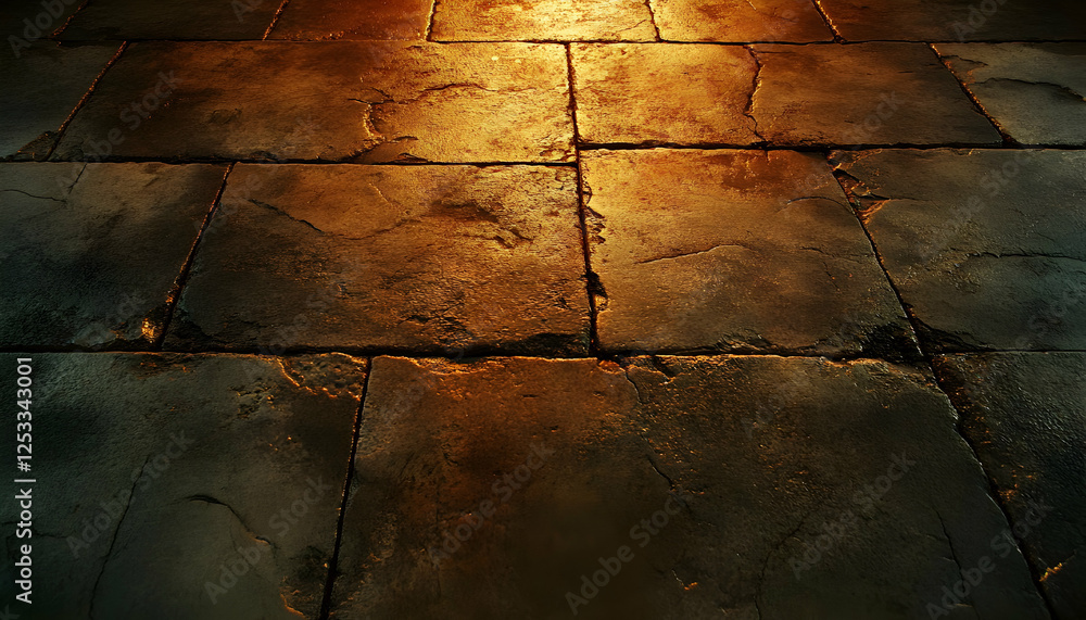 Poster dark stone floor texture, illuminated from above, showing aged stone slabs with cracks and crevices.