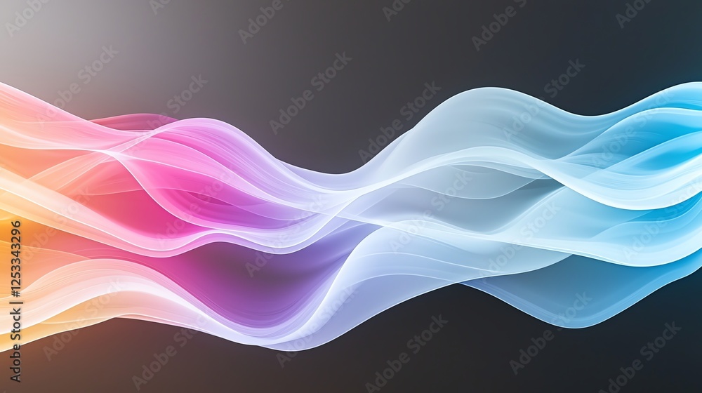 Poster colorful abstract wave pattern with gradient hues on dark background, representing fluidity and mode