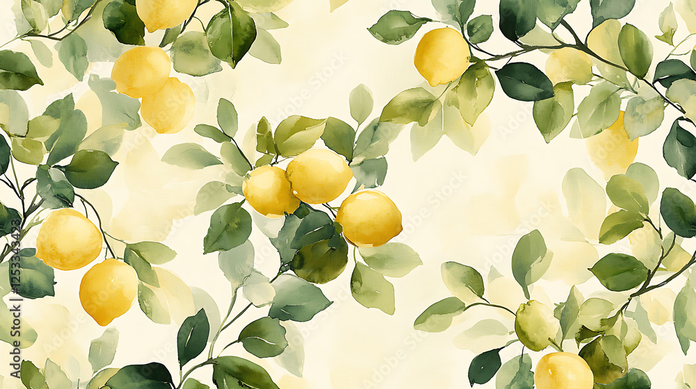 Poster fresh lemon pattern with green leaves, creating vibrant and lively atmosphere. this light and refres
