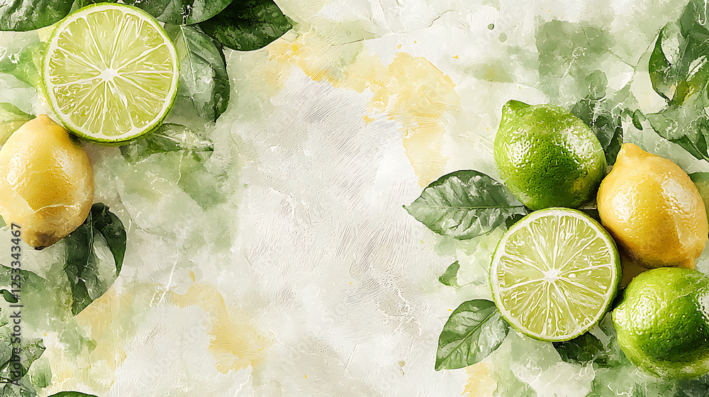 Poster fresh lime and lemon pattern with vibrant green leaves, creating light and refreshing atmosphere. pe