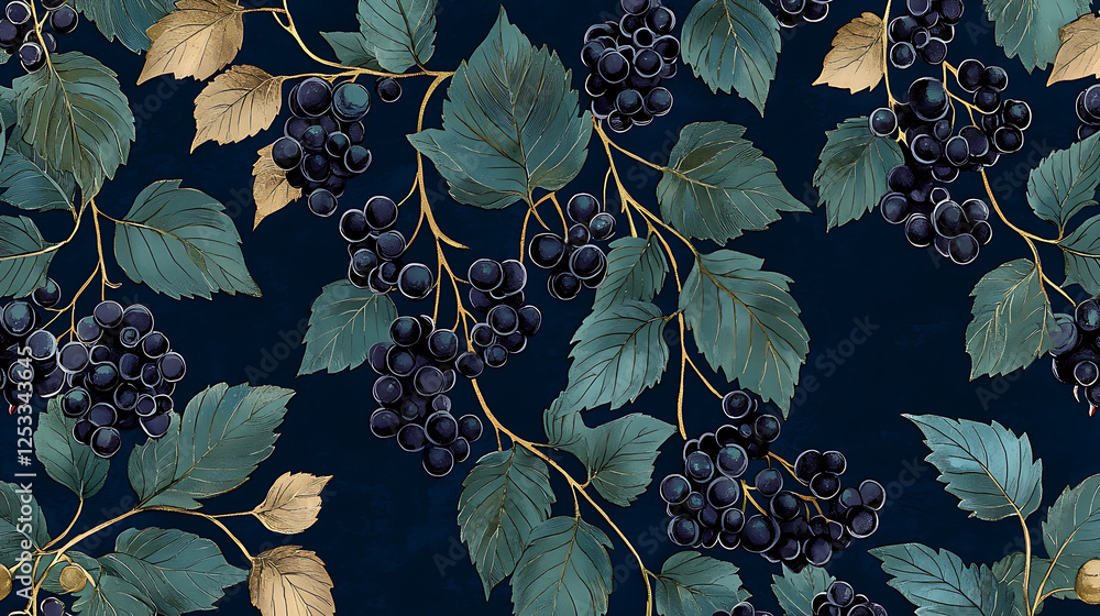 Poster luxurious wild blackcurrant pattern with deep inky blue background, featuring intricate leaves and c