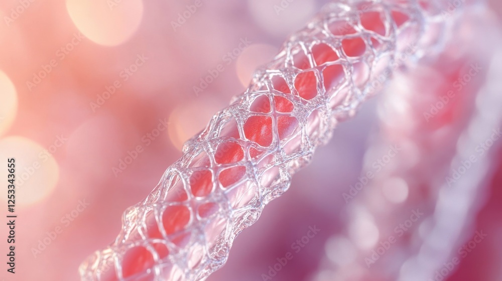 Poster close up of a transparent tubular mesh showcasing an intricate lattice pattern with a soft pink back