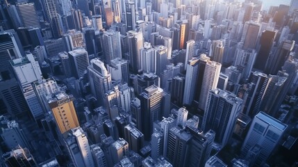 Obraz premium High angle view of a dense urban cityscape with varying building heights and sunlight