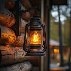 Vintage Lantern Illuminating Rustic Cabin with Warm Glow at Dusk