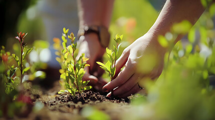 Fototapeta premium Hands planting shrubs, sunny garden