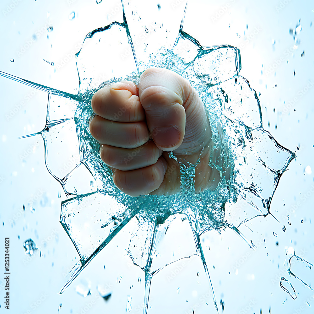 Poster powerful fist breaks through glass, sending shards and water flying, creating dynamic and intense vi