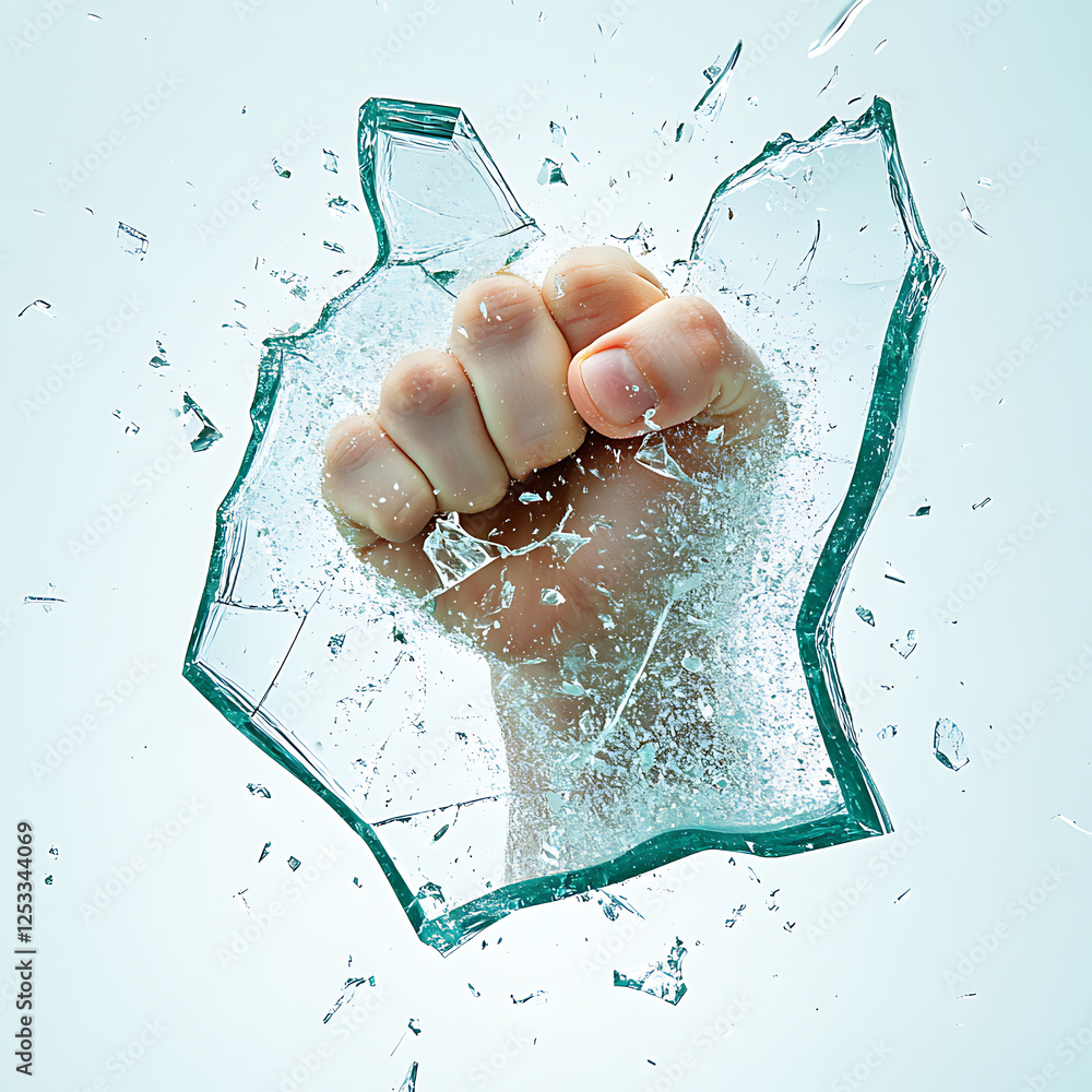Poster fist breaks through glass, sending shards flying in dynamic display of strength and impact. image ca