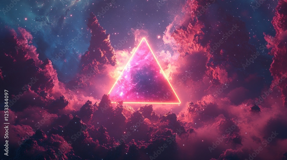 Poster neon triangle within a cosmic nebula cloudscape