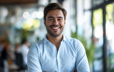 Fototapeta premium Confident professional man with a warm smile in a modern office environment