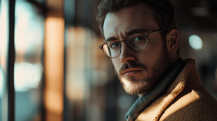 Fototapeta premium Portrait of a Serious Young Man Wearing Glasses Stylish Autumn Coat Male Face Eyes Warm Look Style 