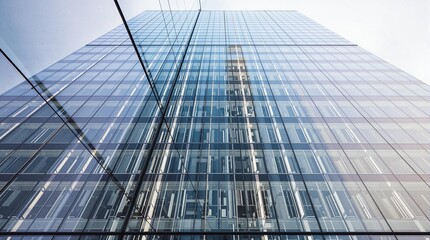 Obraz premium Looking up at a modern glass skyscraper reflecting the sky 