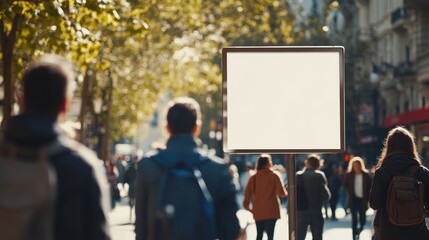 Obraz premium A blank, white A4 poster mockup on an A-board on the street, with people passing by. The focus is on the board, with a blurry background in daylight.