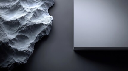 Dramatic grayscale textured landscape contrasts sharply with minimalist geometric form under soft light. AI Generated