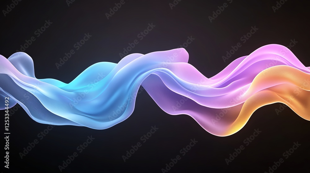 Poster colorful flowing abstract wave pattern on dark background, vibrant hues and dynamic forms in digital