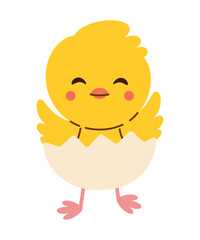 Cute Yellow Baby Chick Hatching from Egg with happy smile. Adorable Easter Illustration. Perfect for Easter, children's products, greeting cards, and festive designs.