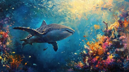 Fototapeta premium Whale Shark Gracefully Swimming Through Vibrant Coral Reef