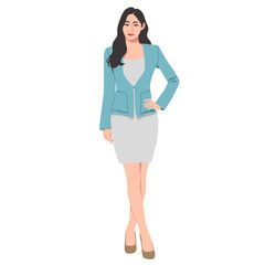 Fototapeta premium A young woman with long hair wearing a suit and short skirt with one hand holding her waist 