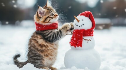 Kitten in red scarf decorates small snowman in winter