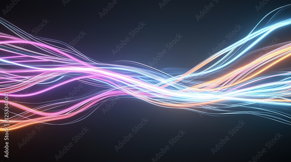 Poster colorful neon light trails create dynamic abstract patterns on a dark background, showcasing digital