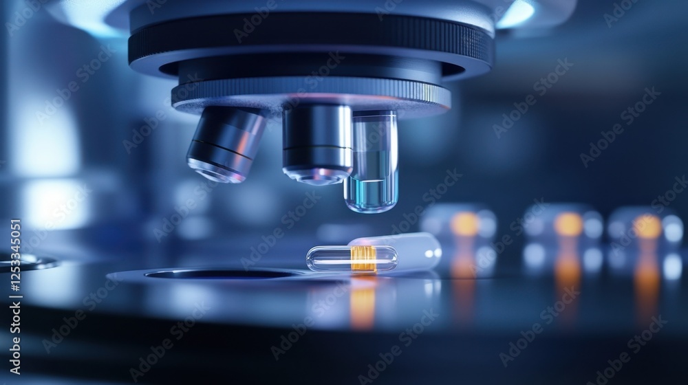 Poster close up of a microscope examining a sample, showcasing advanced technology in scientific research. 