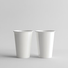Two blank white paper cups on grey background, mockup for branding