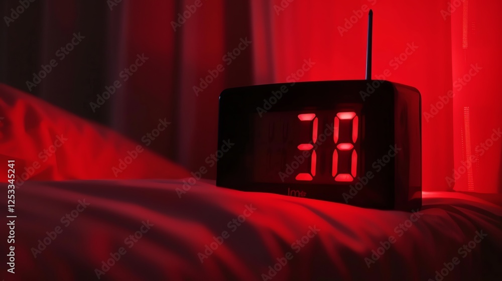 Poster a bedside alarm clock displaying the time 3:08 in a dark room with red lighting.