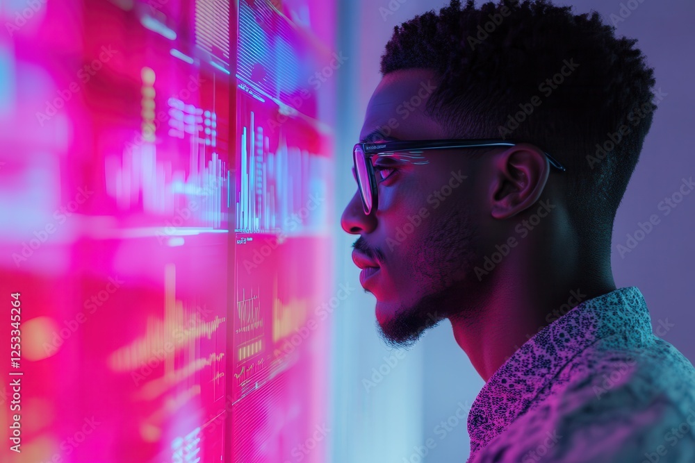Poster man analyzing data on futuristic screen .