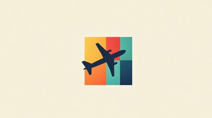 Obraz premium Airplane silhouette in a colorful square graphic. Stock photo for travel or aviation