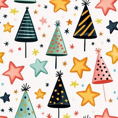 Colorful holiday-themed pattern featuring various stylized trees and stars, perfect for festive decorations or wrapping paper.