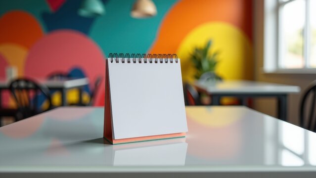 Calendar Mockup with Notepad, Co-working space table designer notepad vibrant calendar photorealistic.