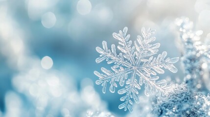 Close-up of a single, intricate snowflake on a blurred winter background.