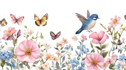 Obraz premium Watercolor floral border featuring a couple of birds and blossoms on a white background. 