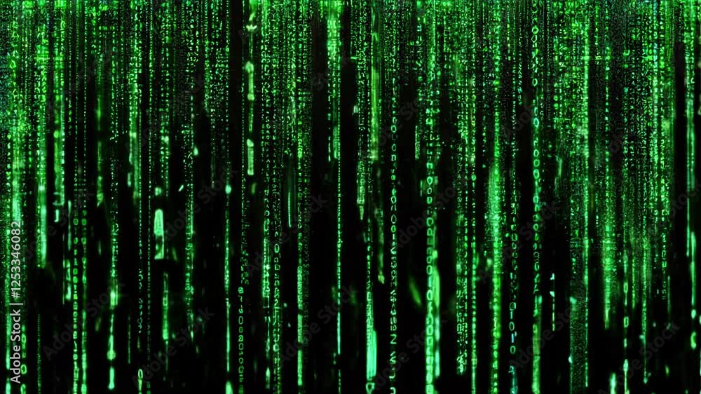 Poster a vibrant and lively green digital matrix background featuring cascading binary code, perfect for te