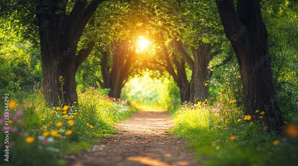 Poster a serene forest pathway lined with wildflowers, leading to a hidden grove with sunlight filtering th