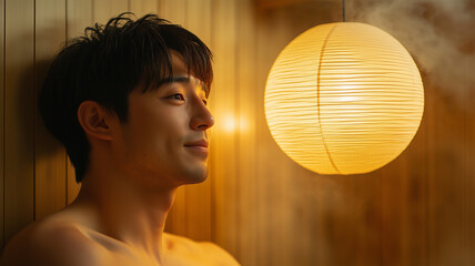 Naklejka premium 和紙ランプの優しい光に照らされた日本人男性の横顔クローズアップ