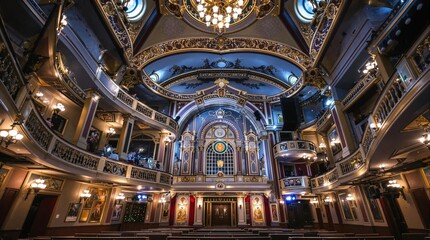 Obraz premium Opulent theater interior with grand chandeliers and intricate architecture
