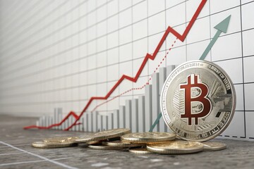 Golden Bitcoin Coins with Growing Graphs and Arrows Representing Cryptocurrency Market Growth, Financial Investment Success, Blockchain Technology, and Digital Currency Trading on White Background