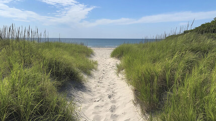 Fototapeta premium A narrow sandy path leading to a secluded beach, surrounded by tall dune grasses