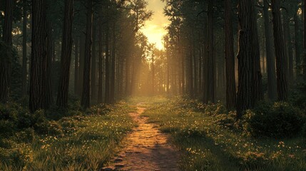 Fototapeta premium Sunlit Path Through A Majestic Pine Forest
