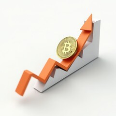 Golden Bitcoin Coins with Growing Graphs and Arrows Representing Cryptocurrency Market Growth, Financial Investment Success, Blockchain Technology, and Digital Currency Trading on White Background