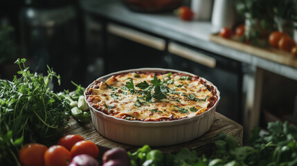 Enchiladas on a beautiful ceramic dish, surrounded by fresh vegetables