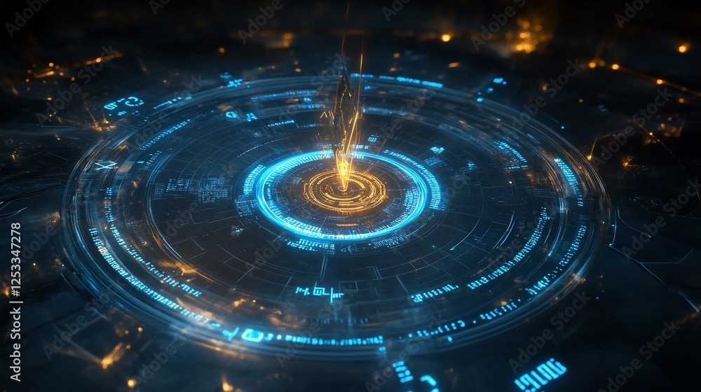 Poster futuristic interface with blue and gold glowing circular patterns and code details