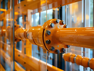 Orange industrial pipes, close-up, modern building background