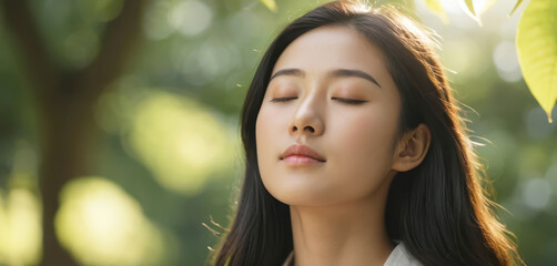 Fototapeta premium A close up of a young asiatic woman breathing and taking pleasure in nature in summer day. Earth day concept, healthy products and lifestyle concept. Copy space