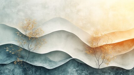 Abstract Mountainscape with Golden Trees and Muted Tones for Wall Decor